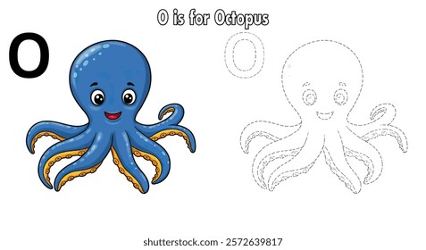 A Cartoon Octopus and Letter O is for Octopus Coloring Page.