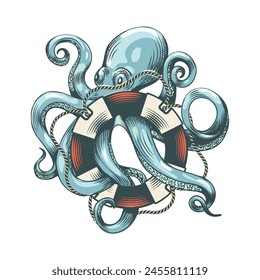 Cartoon octopus with life buoy. Devilfish with lifebuoy colour sketch isolated vector illustration