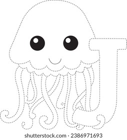 Cartoon octopus, line art, practice drawing for children.