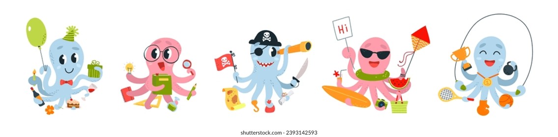 Cartoon octopus multitasking characters. Party, scientist, pirate and athletic marine character. Various octopuses, wild ocean classy vector set