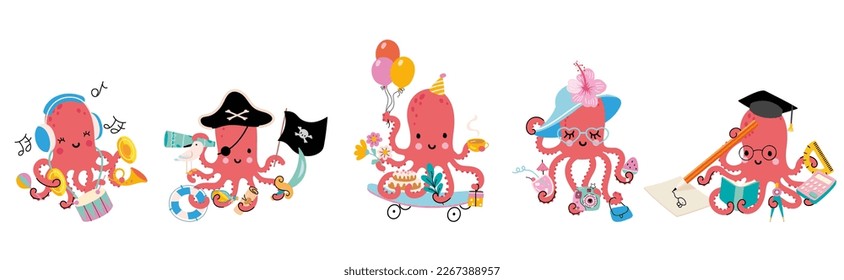 Cartoon octopus, multitasking cartoon squid. Octopus painter, pirate and musician. Cute sea animal birthday party and shopping, nowaday vector characters