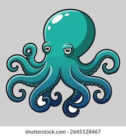 Cartoon Octopus with Muted Teal Body and Tentacles in a Playful Mood on Light Gray Background
