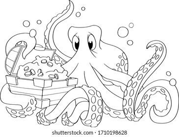 Cartoon octopus opened a treasure chest, black and white vector illustration in a cartoon style for a coloring book