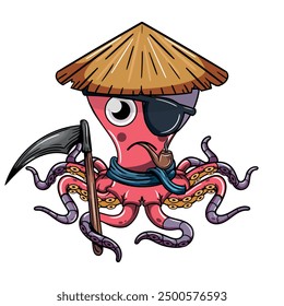 Cartoon octopus pirate with a conical hat, eyepatch, and a pipe, holding a scythe with a serious expression. Illustration for fantasy, science fiction and adventure comics