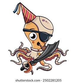 Pirata de pulpo de dibujos animados con un sombrero de fiesta, parche en el ojo y fumando una pipa, sosteniendo una espada y un altavoz. Ilustración para comics de fantasía, ciencia ficción y aventura