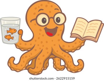polvo de desenho animado lendo um livro e bebendo água com peixes
