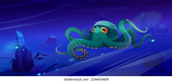 Cartoon octopus sea animal, underwater ocean creature with green skin and long tentacles crawl on ocean bottom. Water kraken, cephalopoda character with big eyes and feelers, Vector illustration