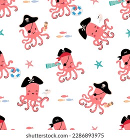 Cartoon octopus seamless pattern. Pirates print, cute underwater animal doodle graphic. Boy girl fabric template, nowaday nursery vector background