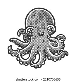 Cartoon octopus sketch engraving vector illustration. Scratch board imitation. Black and white hand drawn image.