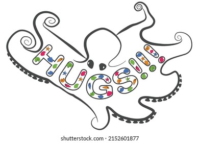 Pulpo de caricatura y el lema "¡abrazos!" ilustración vectorial en un fondo blanco