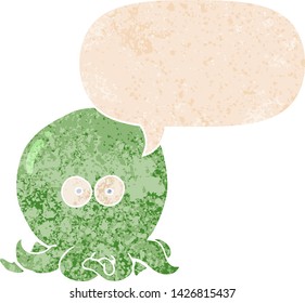 pulpo de dibujos animados con burbuja de habla en un estilo retro angustiado con textura grunge