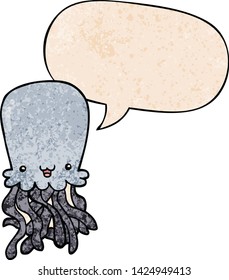 cartoon octopus with speech bubble in retro texture style