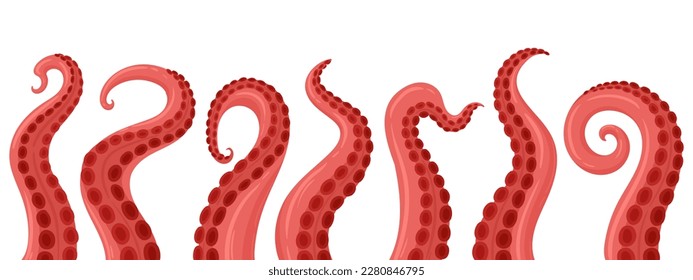 Cartoon octopus tentacles. Ocean squid palpus, twisted limbs with suckers flat vector background illustration