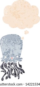 cartoon octopus with thought bubble in grunge distressed retro textured style