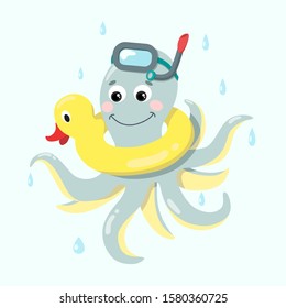 Сute cartoon octopus under the rain with baby swimming duck circle and mask