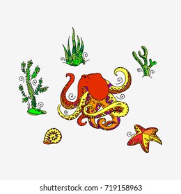 Cartoon octopus under water. Hand drawn vector illustration.