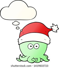 cartoon octopus wearing christmas hat with thought bubble in smooth gradient style