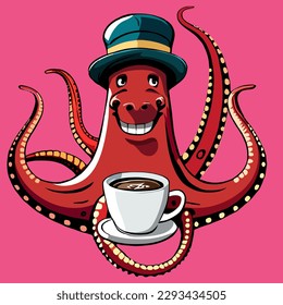 cartoon octopus wearing a hat with coffee illustration animal mascot