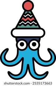 A cartoon octopus wearing a hat and a red and blue striped scarf. The octopus has a big smile on its face