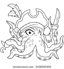 Cartoon octopus wearing a pirate hat line art