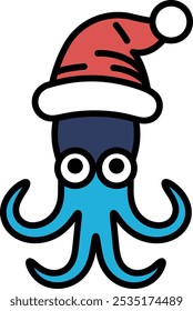 Um polvo de desenho animado usando um chapéu de Papai Noel. O polvo tem um chapéu azul e vermelho e está usando um chapéu vermelho e azul