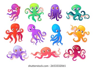 Cartoon octopuses. Octopus kraken sea monster, squid with tentacles ocean underwater animal poses marine creature cute characters under water aquarium, swanky vector illustration