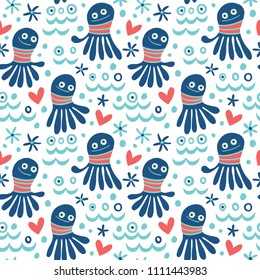 Cartoon octopuses seamless pattern in blue tones. Vector texture in childish style great for fabric and textile, wallpapers, backgrounds, cards design.