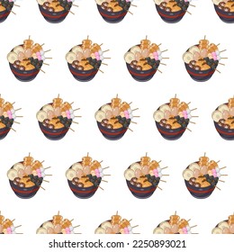 cartoon oden, japanese food seamless pattern on colorful background