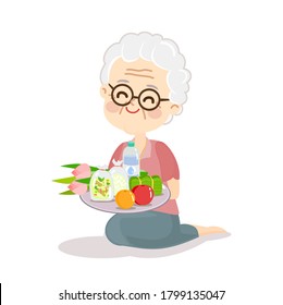 Cartoon Offering Food  to Monk Vector 	