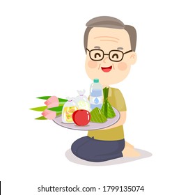 Cartoon Offering Food  to Monk Vector 	