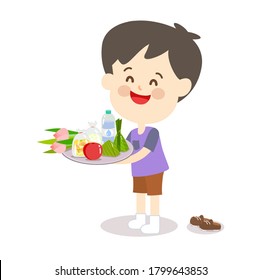 Cartoon Offering Food  to Monk Vector 