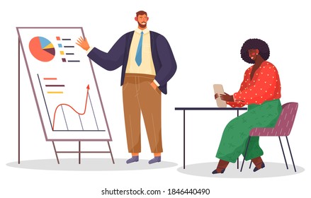 Cartoon office bearded man wears strict suit stands and points to board with analytical data, dark-skinned woman in bright red blouse and green pants sitting in burgundy chair at table with tablet