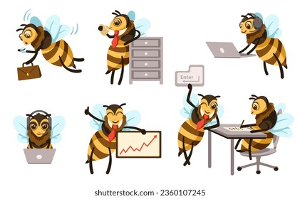 Cartoon office bees. Busy bee mascot for customer service or support. Honey bee with laptop computer vector illustration set. Striped animals employees sitting at desk, holding briefcase