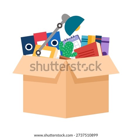 Cartoon office box tools. Folders, plant and stationery for work place in cardboard pack.