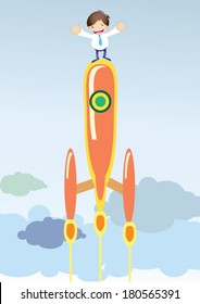 Cartoon Office Business man with launching jet space rocket on sales