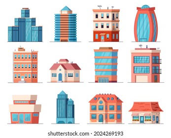 Cartoon office city buildings, skyscraper and downtown apartment house. Real estate, business tower, shop and cafe building. Town vector set of building office, cityscape urban downtown