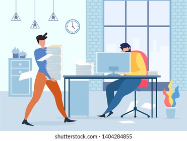 Cartoon Office Manager Holding Paper Stack, Tired Man at Computer Table Vector Illustration. Male Worker Depressed, Exhausted Hard Work, Deadline Stress, Desperate Employee, Business Trouble
