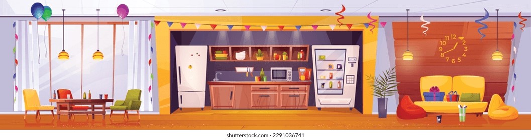 Cartoon office party background design. Vector illustration of panoramic company room with kitchen and lounge area decorated with colorful flags, confetti, balloons, gift boxes. Corporate celebration