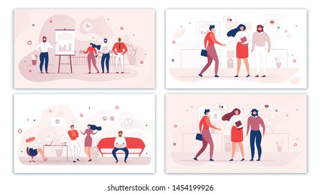 Cartoon Office People Characters Communication Set. Flat Men and Women Talking, Chatting, Gossiping, Sharing Emotions, Negotiating, Brainstorming. Formal and Informal Situations. Vector Illustration