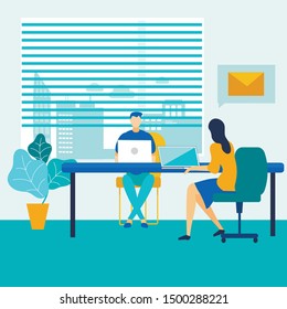 Cartoon Office People Characters Working on Laptop Online Sitting at Desk. Workflow Process, Teamwork. Coworking Center, Open Sharing Space. Female and Male Company Employees. Vector Flat Illustration