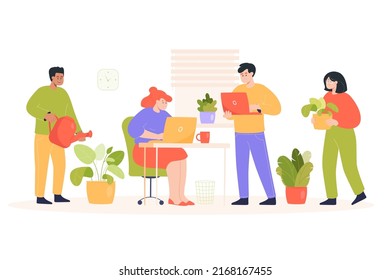 Cartoon office persons with green potted plants. Woman working on laptop, workers holding and watering houseplants flat vector illustration. Workplace atmosphere, teamwork concept for banner