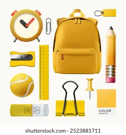 Iconos de emoji de conjunto de oficina de dibujos animados. Mochila amarilla, despertador, lápiz, Regla, borrador, pelota de tenis y clip. Concepto de negocios y educación. Objetos escolares, Ilustración vectorial