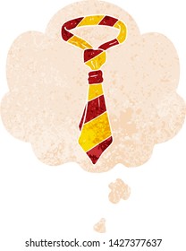 cartoon office tie with thought bubble in grunge distressed retro textured style