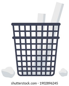 Cartoon office trash recycle bin for garbage. Wastepaper basket full isolated. Trash can with crumpled paper inside and around. Office, home litter bin for thrown sheets, wastepaper garbage basket