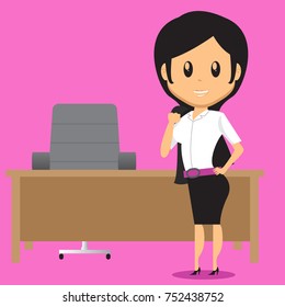 Cartoon Office Woman Character standing in front of her desk, She take off her Blazer because it's after work