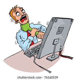 Cartoon office worker attacked by his computer. Isolated on white