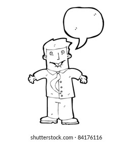cartoon office worker biting lip with speech bubble