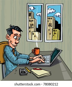 Cartoon office worker busy on his laptop at his desk