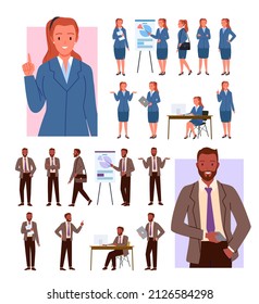 Cartoon office worker character showing business presentation on lecture, man employee with beard holding phone and laptop, walking isolated on white. Businesswoman poses set vector illustration