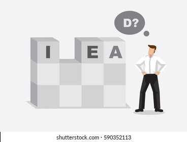 Cartoon office worker finds missing letter in alphabet building blocks read IDEA. Creative vector illustration for word play on lacking in idea metaphor.